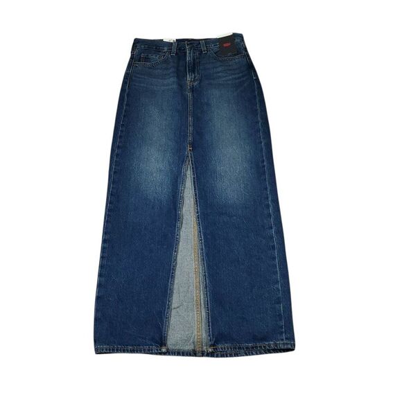 Levi's Premium Ankle Column Denim Midi Jean Skirt Size 24 Dark Wash Blue - Picture 2 of 10